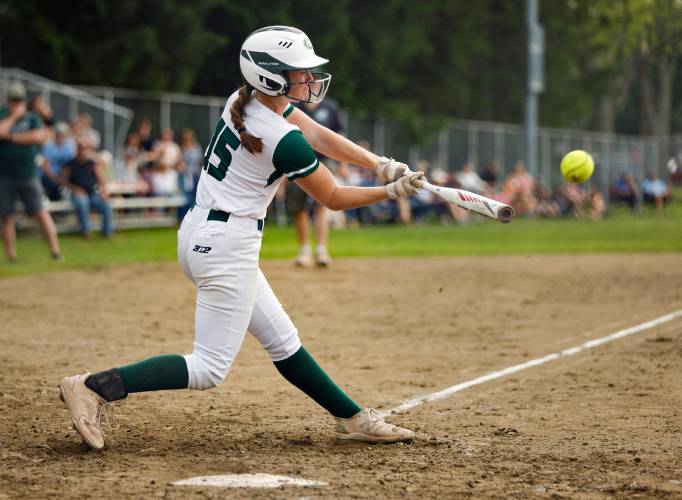 Greenfieldâs Anna Bucala (15) hits a double against West Boylston in the bottom of the seventh inning Sunday during the MIAA Div. 5 quarterfinal game in Greenfield.