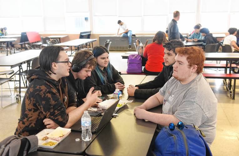 Juniors at Athol High School have lunch in the cafeteria. From left are Aspen Therrien, Zander Laprise, Melania Lenoime, Elijah Byron and Dylan Wornham.
