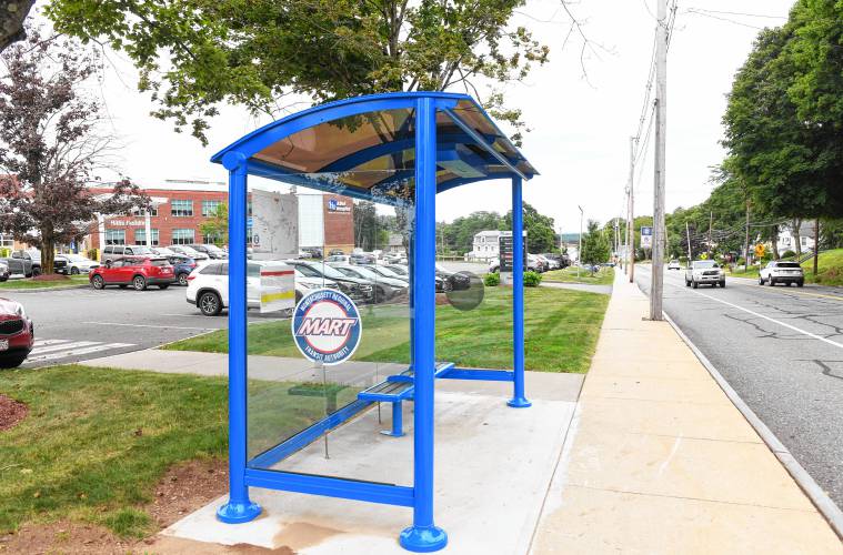 A Montachusetts Regional Transit Authority bus stop in front of the Athol Hospital in Athol.