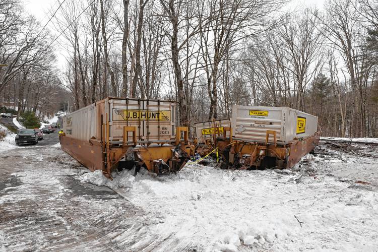 The rail car at left, that was blocking Farley Road after the derailment, has been moved out of the road unblocking a residents driveway. 