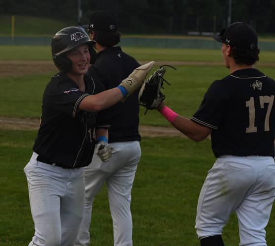 Pioneer’s Brody Welcome receives high fives from his teammates during the Panthers’ extra innings victory over Georgetown in the MIAA Division 5 Round of 16 on Thursday night in Northfield.