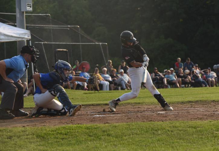 Pioneer’s Braeden Tsipenyuk buts the bat on the ball during the Panthers’ extra innings victory over Georgetown in the MIAA Division 5 Round of 16 on Thursday night in Northfield.