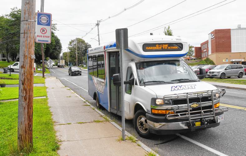 A Montachusett Regional Transit Authority bus stops on Main Street in Athol.