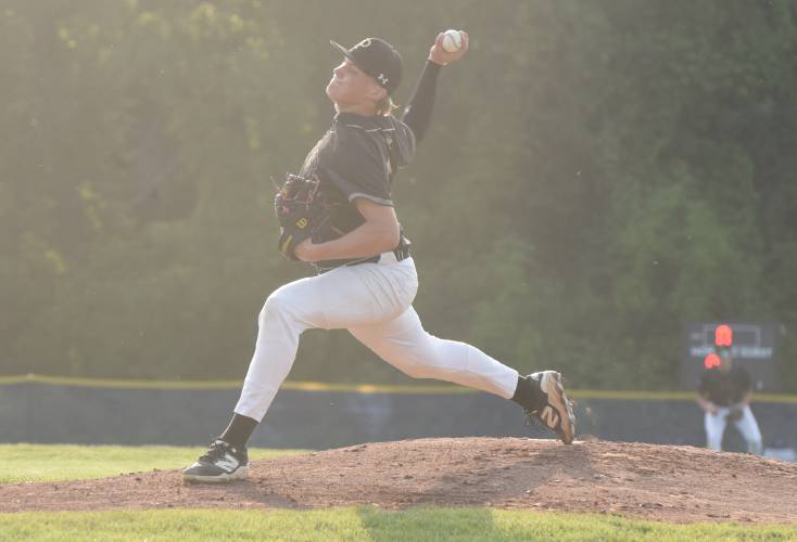 Pioneer’s Jackson Glazier throws a pitch during the Panthers’ extra innings victory over Georgetown in the MIAA Division 5 Round of 16 on Thursday night in Northfield.