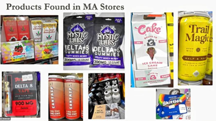 A slide from a Mass. Association of Health Boards presentation to the Committees on Agriculture and Cannabis Policy displayed various hemp-based products found being offered for sale in Massachusetts. A slide from a Mass. Association of Health Boards presentation to the Committees on Agriculture and Cannabis Policy displayed various hemp-based products found being offered for sale in Massachusetts.