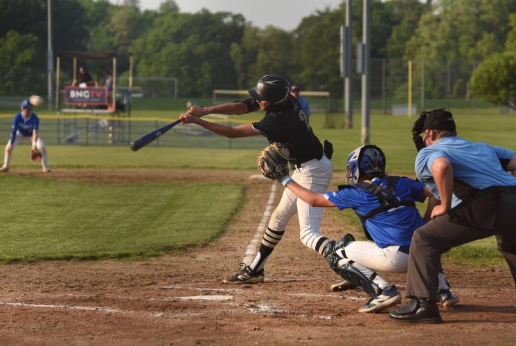 Pioneer’s Alex McClelland fouls off a pitch during the Panthers’ extra innings victory over Georgetown in the MIAA Division 5 Round of 16 on Thursday night in Northfield.