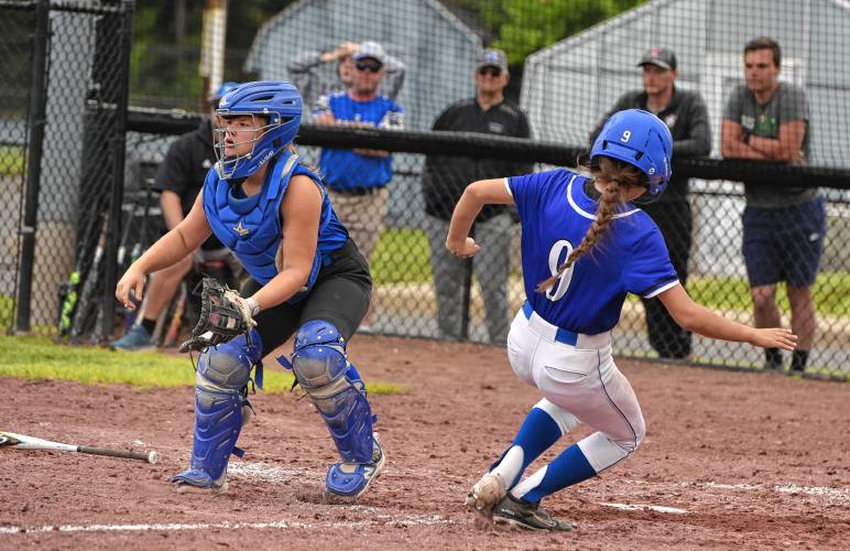 Turners Falls’ Ella Kolodziej (9) scores a run during the Thunder’s 11-4 victory over Narragansett in the MIAA Division 5 quarterfinal on Saturday at Gary Mullins Field.