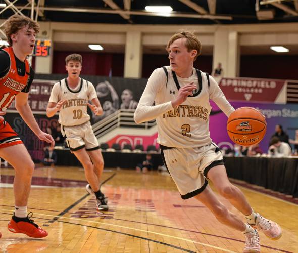 Pioneer’s Gavin Gammell (2) dribbles toward the basket against Hoosac Valley during the Panthers’ 68-53 loss in the Hoophall Classic at Springfield College’s Blake Arena on Thursday.