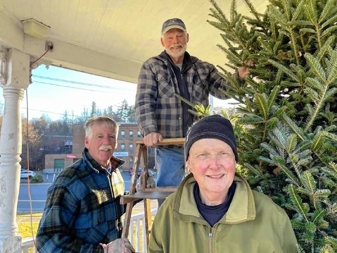 (From left) Volunteers Joel Shaughnessy, Gary Phelps and Al Benjamin set up the memory tree at the bandstand on the Uptown Common. (From left) Volunteers Joel Shaughnessy, Gary Phelps and Al Benjamin set up the memory tree at the bandstand on the Uptown Common.