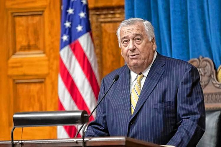 House Speaker Ron Mariano speaks from the House rostrum on Jan. 1, 2025 after being reelected for another term wielding the gavel.