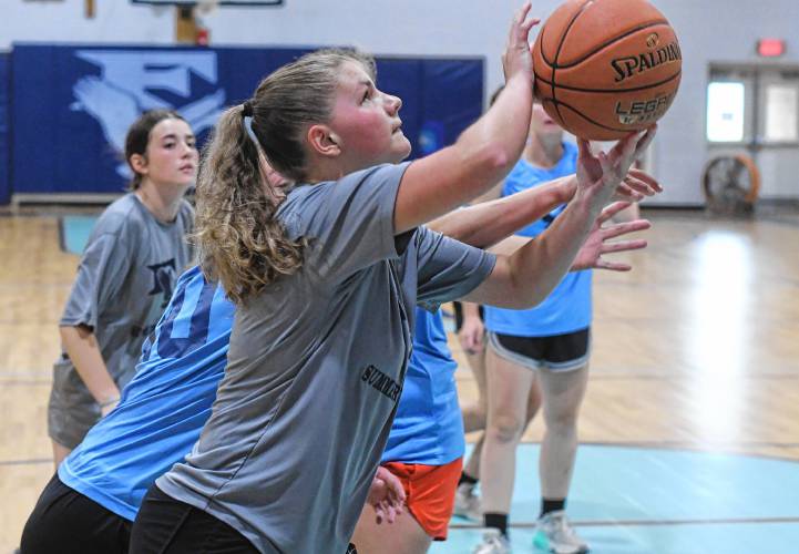 Mahar’s Hayden Comeau shoots against Franklin Tech during semifinal round action in the Franklin Tech Girls Summer Basketball League in Turners Falls on Tuesday night.