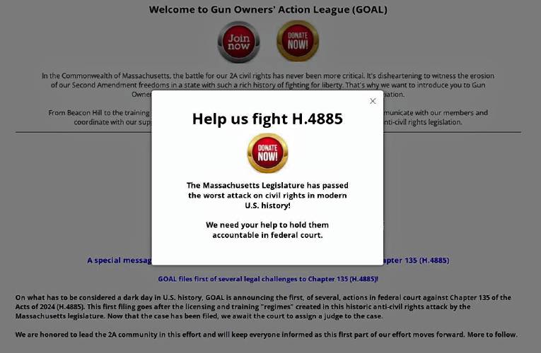 This notification on the website of the Gun Owners Action League, a Massachusetts affiliate of the National Rifle Association, asks people to donate money to challenge the new state gun law, which it insists is unconstitutional.