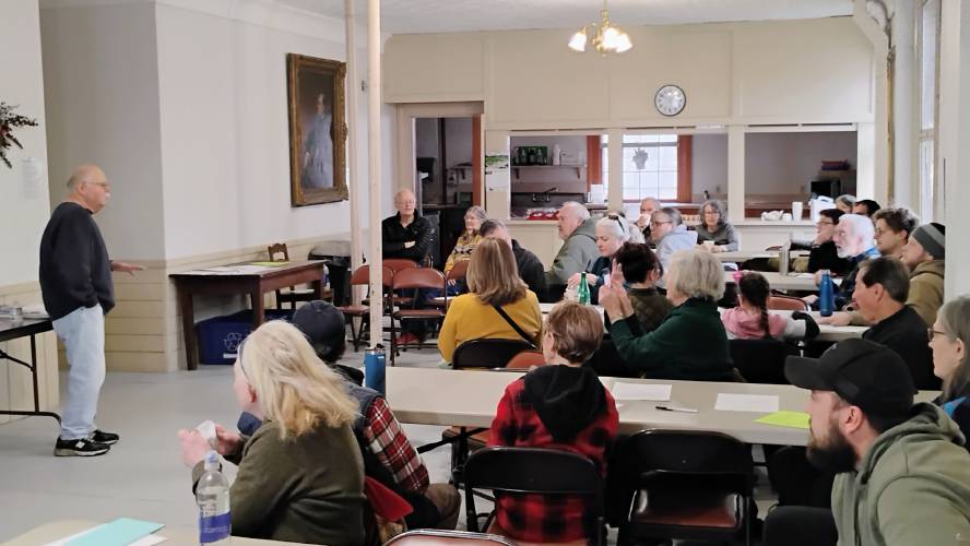 Phil Rabinowitz (far left), chair of the Royalston 2050 Core Group, leads Saturday's master plan meeting at Town Hall.
