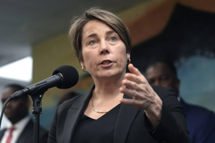 Massachusetts Gov. Maura Healey takes questions from reporters Wednesday, Jan. 31, 2024, after touring the Cass Recreational Complex, in the Roxbury neighborhood of Boston. Massachusetts Gov. Maura Healey takes questions from reporters Wednesday, Jan. 31, 2024, after touring the Cass Recreational Complex, in the Roxbury neighborhood of Boston.