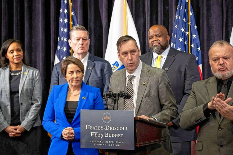 Administration and Finance Secretary Matthew Gorzkowicz talks about details of Gov. Maura Healey's fiscal 2025 budget proposal during a news conference Jan. 24. Administration and Finance Secretary Matthew Gorzkowicz talks about details of Gov. Maura Healey's fiscal 2025 budget proposal during a news conference Jan. 24.