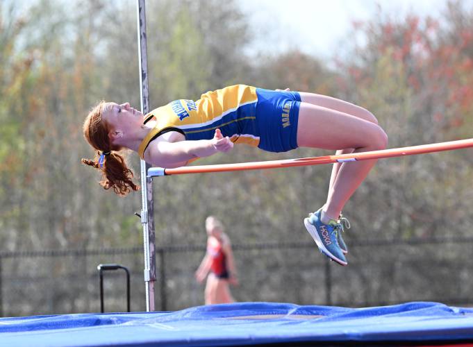Mohawk Trail’s Natalie Lanoue competes in the high jump in South Deerfield on Tuesday. 