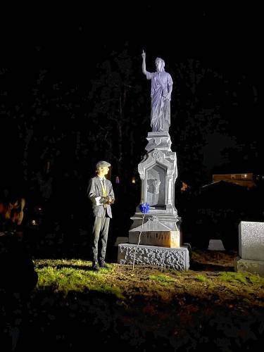 At the 2023 Royalston Historical Society's candlelit tour, among those who made an appearance was Caleb Day, a 19th-century entrepreneur from South Royalston, played by Athol High School student Connor Pineo.
