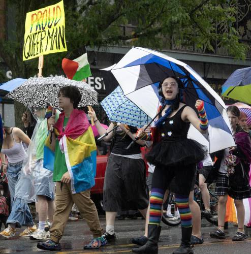 Participants line up on Sanderson Street in Greenfield for the 8th annual Franklin County Pride Parade on Saturday.
