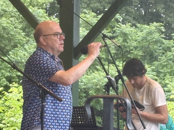 U.S. Rep. Jim McGovern speaks about the importance of protecting LGBTQ rights at the Franklin County Pride Festival at Energy Park in Greenfield on Saturday.
