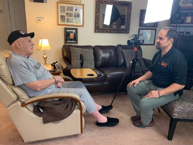 Keith Sherman, right, interviews Raymond Harris, the father of Marine Capt. Jennifer Harris, who died in a helicopter crash while serving in Iraq in 2007, during a cross-country trip to interview at least one Gold Star family in each state in 2019. Legislation drafted by Sherman, a Heath native, with the intent of recognizing those killed serving in the U.S. military has been introduced in both chambers of Congress. Keith Sherman, right, interviews Raymond Harris, the father of Marine Capt. Jennifer Harris, who died in a helicopter crash while serving in Iraq in 2007, during a cross-country trip to interview at least one Gold Star family in each state in 2019. Legislation drafted by Sherman, a Heath native, with the intent of recognizing those killed serving in the U.S. military has been introduced in both chambers of Congress.