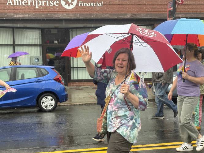 State Sen. Jo Comerford marches in the 8th annual Franklin County Pride Parade in Greenfield on Saturday.