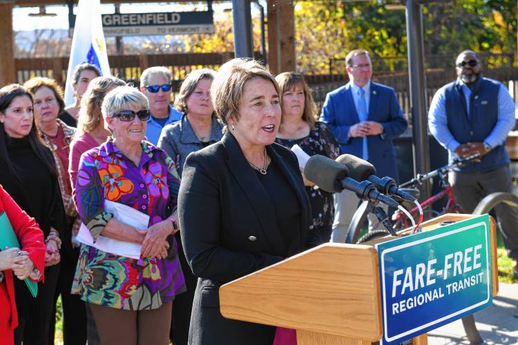Massachusetts Gov. Maura Healey was at the John W. Olver Transit Center in Greenfield on Thursday to announce fare-free regional transit.