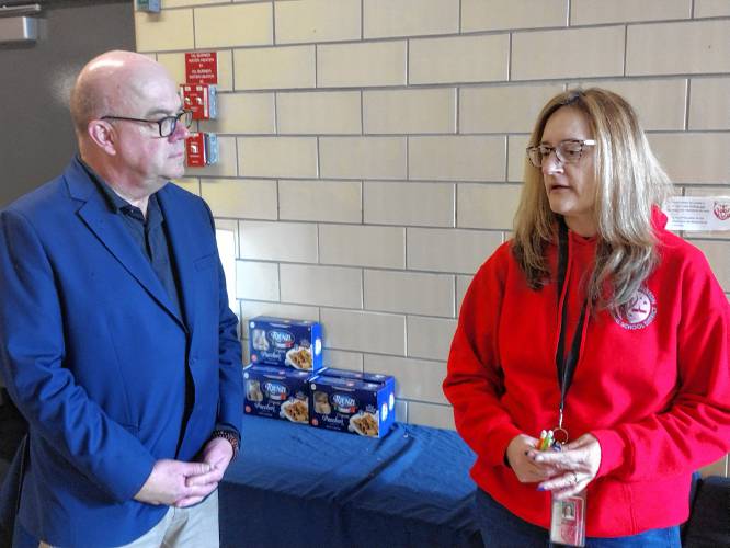 U.S. Rep. James McGovern speaks with Shirley Mitchell, director of the Athol High School Family & Community Center and Food Pantry during his visit Wednesday afternoon.