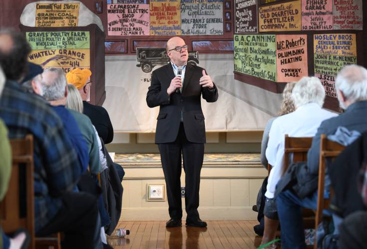 Congressman Jim McGovern speaks to his constituents at Whately Town Hall on Wednesday. 