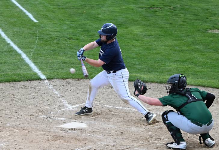 Frontier’s Porter Hall connects for a hit against Greenfield at Veterans Field in Greenfield on Thursday. 